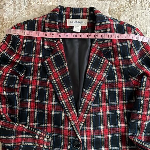 Vintage 90s Norton McNaughton Red Navy Plaid Wool Blend Blazer Jacket | Size 14 - Picture 6 of 12